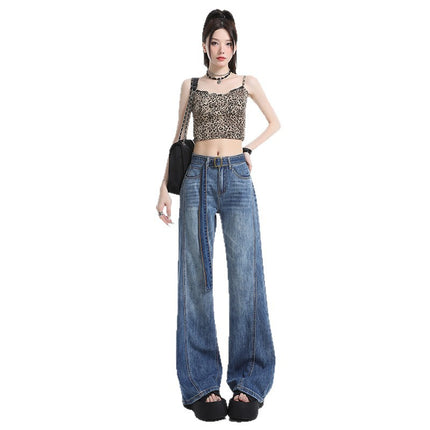 Vintage High-Waisted Distressed Flared Jeans for Women, Loose Fit, Slimming, Versatile, Floor-Length Bell-Bottom Pants