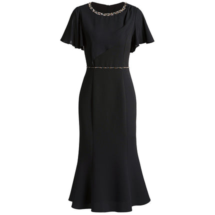 Zhili French-Style Dress 2026 New Model for Tall Women, Summer Pink Ruffle Sleeves, Rhinestone Embellished, Slim Fit Mermaid Dress