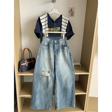 Vintage Ripped Straight-Leg Jeans for Women, High-Waisted, Loose, Slimming, Spring/Summer Wide-Leg Pants, Petite Floor-Length Trousers