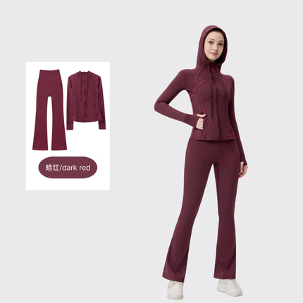 [in Stock] Ld Hooded Flared Jacket Set Top Women's Tight Elastic Fitness Sports Running Yoga Wear