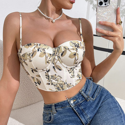 Cross-border Sexy Floral Crop Top Vintage Printed Vest Fishbone Bracket European and American Hot Girls Strap Slim-fit Strapless