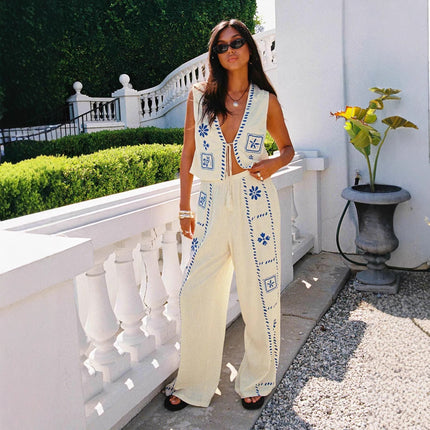 2026 Fashion New Women's Printed Set Independent Brand Artistic Retro Sleeveless Top and Wide-Leg Pants Two-Piece Set