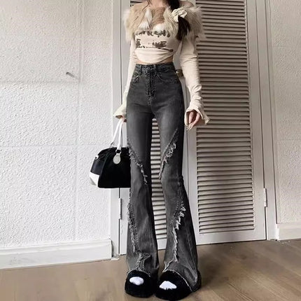 Black Grey Micro-Lazar Jeans Women's Fashion All-match New High Waist Slim-looking Fur-edge Design Sense Horseshoe Trumpet Pants