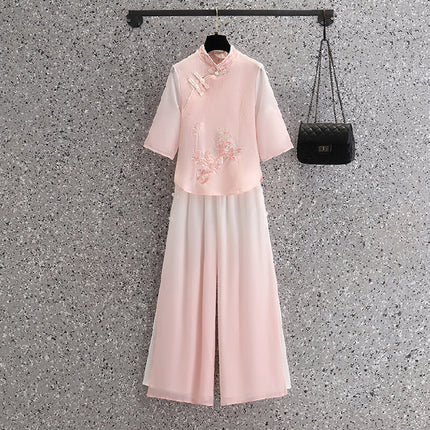 Vintage Chinese Top Set Large Size Chinese Style Seven-point Sleeve Cheongsam Peony Embroidered Gradient Pants Two-piece Set