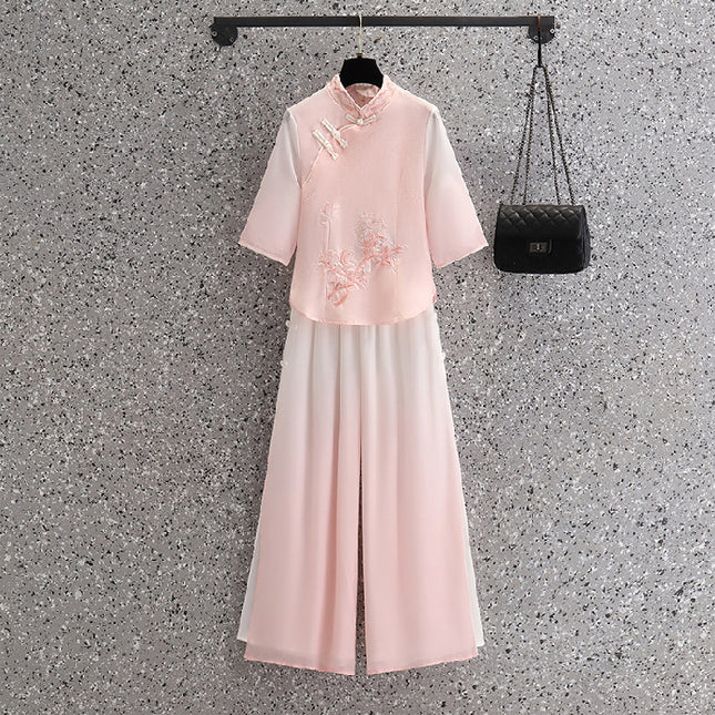 Vintage Chinese Top Set Large Size Chinese Style Seven-point Sleeve Cheongsam Peony Embroidered Gradient Pants Two-piece Set