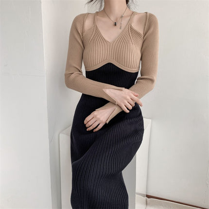 Tweed Style Gentle Milk Tea Color Knitted Dress Cross-Border Women's Autumn and Winter New French Sweater Bottoming Skirt