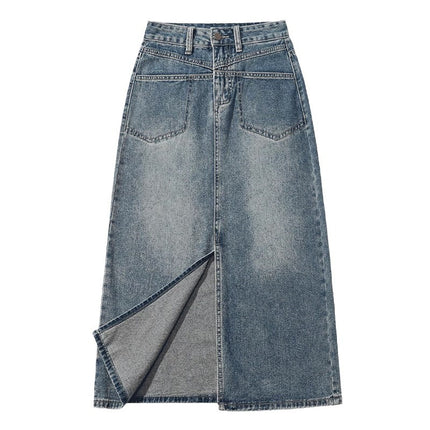 Seven-Split Denim Skirt Women's Fashionable All-Match New Mid-Length A- Line Small High Waist Hip Skirt
