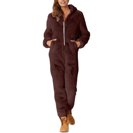 2022 Cross-border Europe and America Amazon Solid Color Thickened Double-sided Fleece Hooded Jumpsuit Casual Couple Home Wear