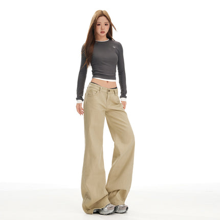 Hot Girl Retro Khaki Low-Waist Non-Leg-Fitting Boot-Cut Pants for Women New Slimming Look Slimming Look Floor-Length Jeans for Women