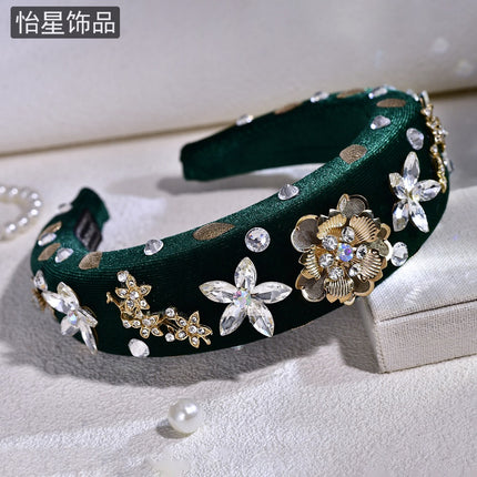 Yixing Senior French Hair Stamp Full Diamond Sponge Hair Band New Temperament Alloy Flower Dark Green Headwear A245