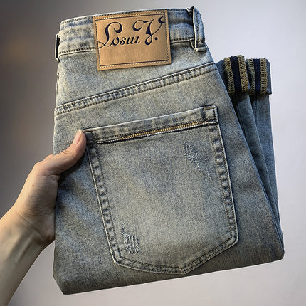 Ripped Jeans Men's Summer Trend Light Blue Stretch Pants 2025 New Handsome Casual Pants for Men