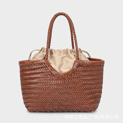 Dragon Same Style French Style Woven Vegetable Basket Bag Women's Genuine Leather Shoulder Bag Vintage Handmade Bag Ins Style