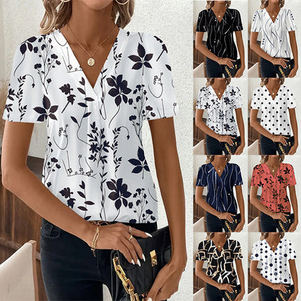 European and American Cross-Border 2025 Summer New Product Amazon Independent Station Temu Fashion Casual Printed V Neck Top T-Shirt Women's Clothing