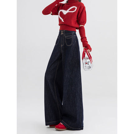 American-style Tannin Blue Wide Leg Jeans Women's 2024 Autumn and Winter New American-style All-match High Waist Loose Mop Pants