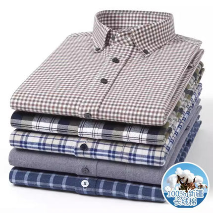 Men's Long-Sleeved Pure Cotton Brushed Plaid Casual Shirts Trendy Fashion Casual Shirts Wholesale