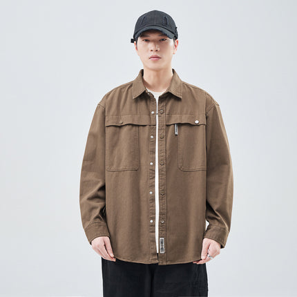 Heavy Wash Cotton Japanese Style Retro Fashional Brand Loose Casual Shirt Jacket Brown in stock Single Square Collar