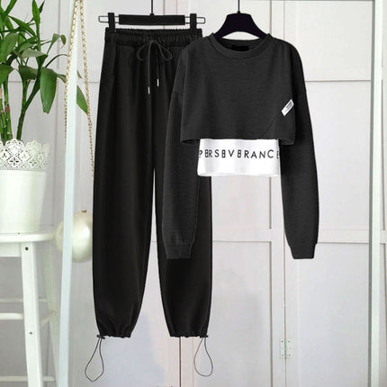 Fried Street Age-reducing Western Style Three-piece Suit Women's 2021 Spring Fashion Short Sweater Sports Casual Trendy Pants