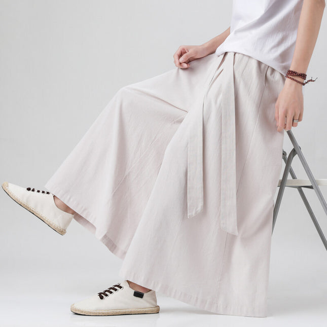 Summer Linen Pants Men's Chinese Style Loose Wide-Leg Pants Chinese Style Large Size Casual Pants Retro Long Pants Wide-Leg Culottes