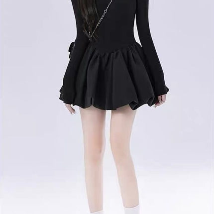 French Retro Hepburn Style Black Square Neck Dress for Women Autumn and Winter Birthday Dress Princess Style Puffy Short Skirt