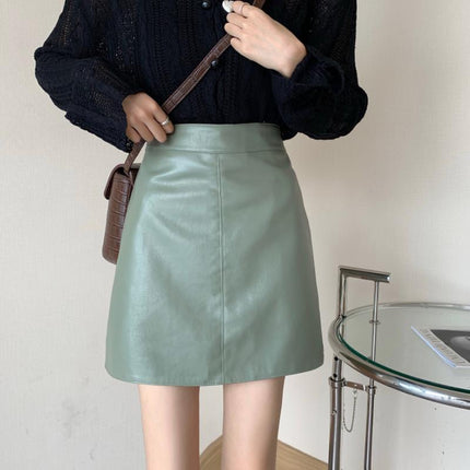 Women's Skirt 2023 Autumn and Winter New High Waist All-match Hip A- Line Overskirt Super Hot Green PU Small Leather Skirt Short Skirt