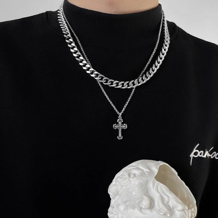 Cross Double-Layer Cuban Necklace Men's Trendy Accessible Luxury Versatile Accessories 2023 New Clavicle Chain Hip-Hop Trendy Jewelry