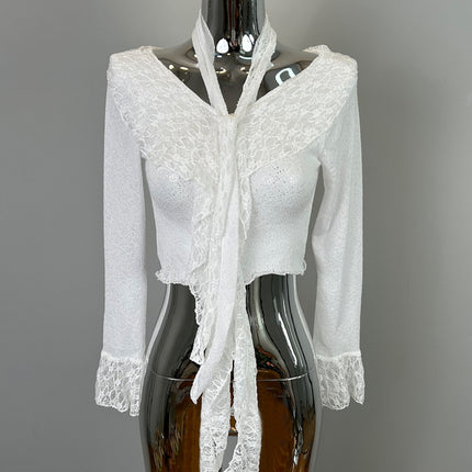South Korea Dongdaemun New Product Touching Sexy Feminine Ruffled Ribbon Slim Lace Shirt sn