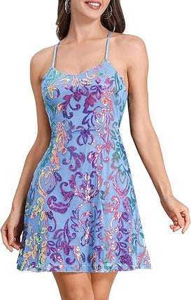 Cross-Border Women's Glitter Sequin Loose Mini Cocktail Party Dress with Straps (5 Colors) Sequin Dress