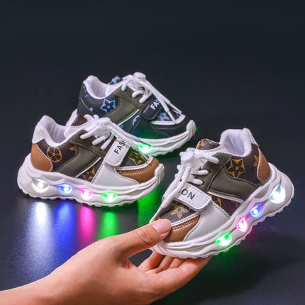 Spring and Autumn New Children's sneaker Leather Pattern LED Luminous Children's Shoes Children's 1-6 Years Old Men's and Women's Casual Shoes Trendy