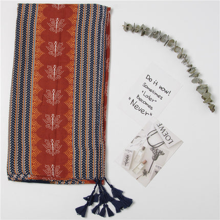 Fresh and Elegant Red Petal Mixed Printed Tassel Gauze Women's Cotton and Linen Scarf Travel Decorative Shawl