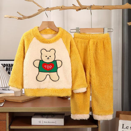 New Kidsren's Flannel Pajamas Set Autumn and Winter Boys and Girls Coral Velvet Thickeneded Home Clothes Two-piece Set