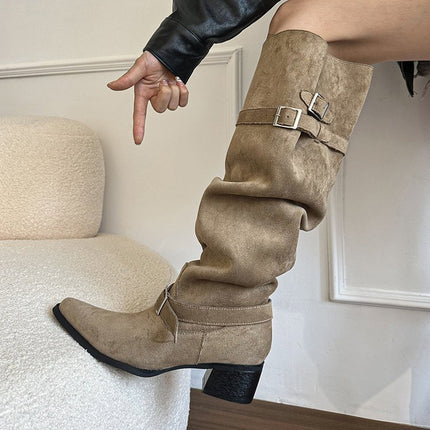 Women's 2025 Autumn/Winter New Vintage Over-The-Knee Long Boots with Pointed Toe and Chunky Heel Slimming Slouch Boots