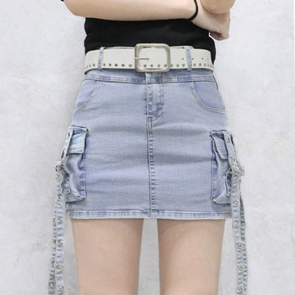 Retro Black and Gray Spicy Girl Style Ribbon Sweet Cool Denim Short Skirt for Women, Spring and Summer High-Waisted Workwear Ins Elastic Bodycon Skirt