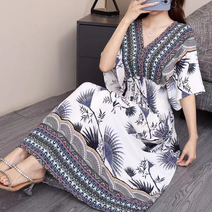 Cross-border ethnic style V-neck cotton silk short-sleeved beach skirt Thailand travel dress summer printed holiday floral skirt
