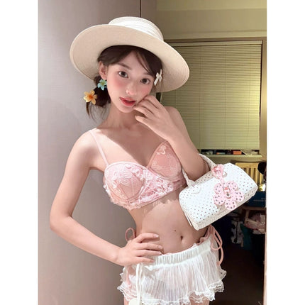 Thai-Style Fresh Underwire Bikini with Push-Up and Beautiful Back, High-End Pink Two-Piece Swimsuit for Women with Chest Pads, Three-Piece Set, Pure Desire