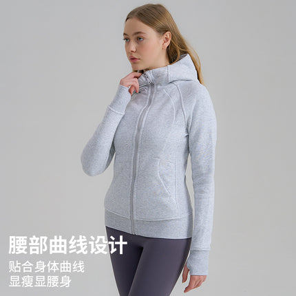 Sports Sweatshirt Jacket Autumn and Winter New Color Jacket Zipper Hooded Fleece-Lined Thickeneded Warm Running Fitness Yoga Wear for Women