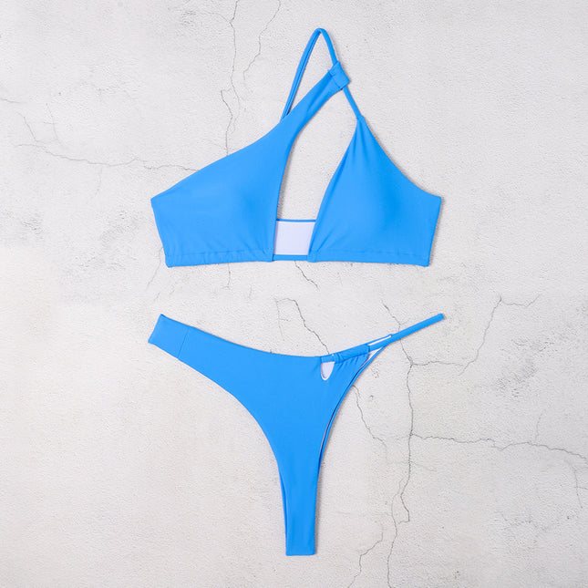 2023 One-Shoulder Swimsuit Women's Bikini Two-Piece Swimsuit Solid Color Split-Style Women's Wireless Split-Style Sporty Model