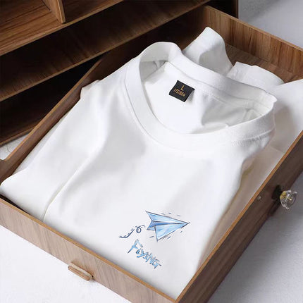 Summer Hong Kong Style Black Aircraft Ice Silk Round Neck Men's T-shirt Top Printed Casual Retro Top Couple Clothing