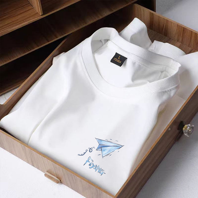 Summer Hong Kong Style Black Aircraft Ice Silk Round Neck Men's T-shirt Top Printed Casual Retro Top Couple Clothing
