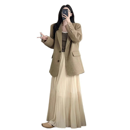 Korean Style 2026 Spring and Summer New Fashion Elegant Skirt Versatile High-Waisted Autumn and Winter Pleated Loose Large Hem Long Skirt