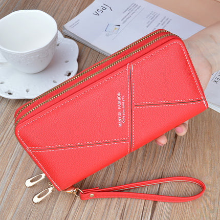 New Wallet Women's Long Double Zipper Clutch Bag Fashionable Litchi Pattern Soft Leather Large Capacity Double Wallet Mobile Phone Bag