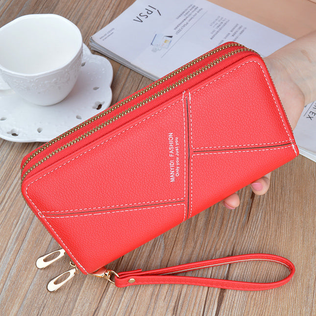 New Wallet Women's Long Double Zipper Clutch Bag Fashionable Litchi Pattern Soft Leather Large Capacity Double Wallet Mobile Phone Bag