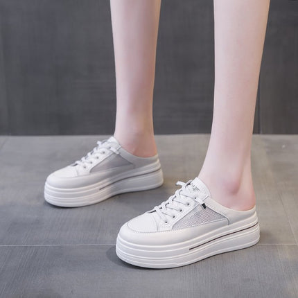 White Shoes with Toe Caps and Half Slippers for Women with Thick Soles and Inner Heightening 2025 Summer New Style, Fashionable and Versatile for Lazy People to Wear Outside and Casual