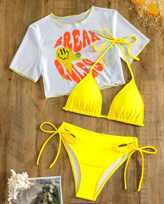 2025 Foreign Trade Sexy Bikini Three-piece Set European and American BIKINI Printed Short-sleeved Sunscreen Foreign Trade Swimwear