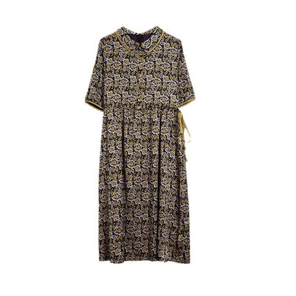Retro Printed Imitation Mulberry Silk Dress for Women 2024 Summer New Fashion Elegant Waist Slimming Look Mid-Length Skirt