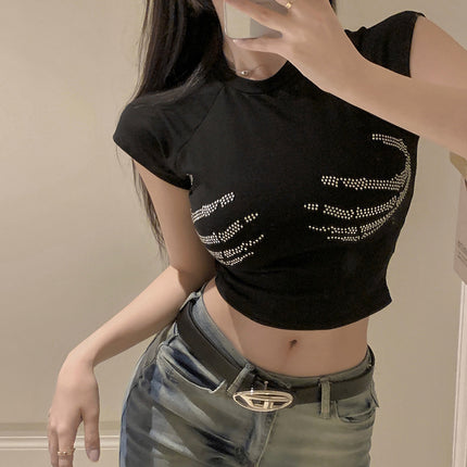 Hot Girl High Street Hot Diamond Short-Sleeved T-Shirt Women's Summer Sexy Petite Casual Versatile Tight Short Crop Top
