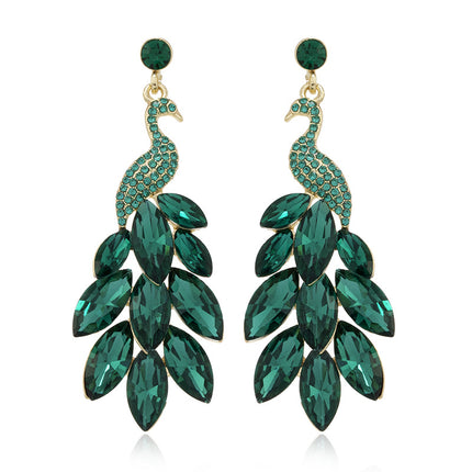 European and American Exquisite Fashion Crystal Ear Jewelry Retro Indian Exotic Ethnic Style Earrings with Diamond Green Peacock Earrings