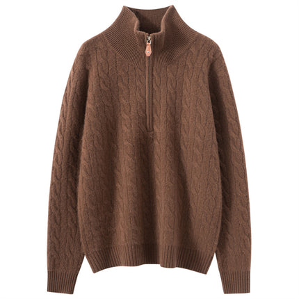 Autumn and Winter New Cashmere Sweater for Women, Loose Slimming Half-Zip Crew Neck Cable Knit Thick Sweater Trendy