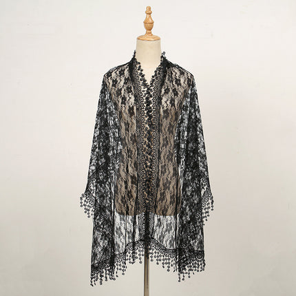 Summer foreign trade new solid color floral tassel shawl ladies fashion thin plum blossom lace long towel