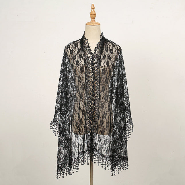 Summer foreign trade new solid color floral tassel shawl ladies fashion thin plum blossom lace long towel