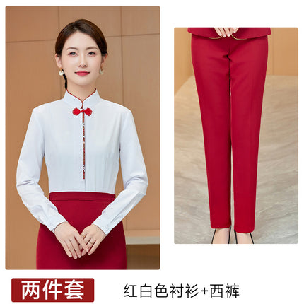 White Shirt Women's Vertical Collar Slim-fit Slimming Top with Buckle Korean Style Elegant Hotel Front Desk Attendant Professional Shirt